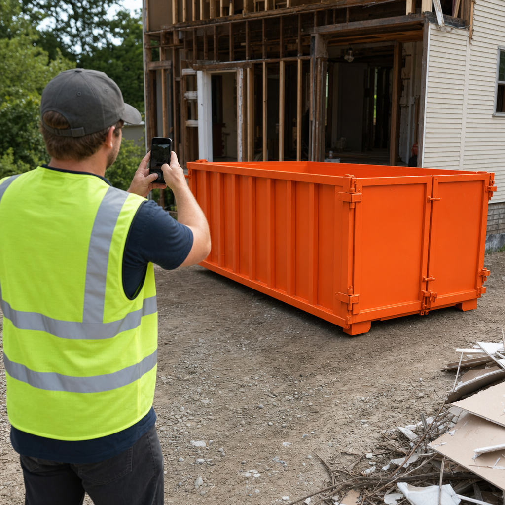 Hi-vis worker photographing a just-placed orange roll-off dumpster with a smartphone at a construction jobsite