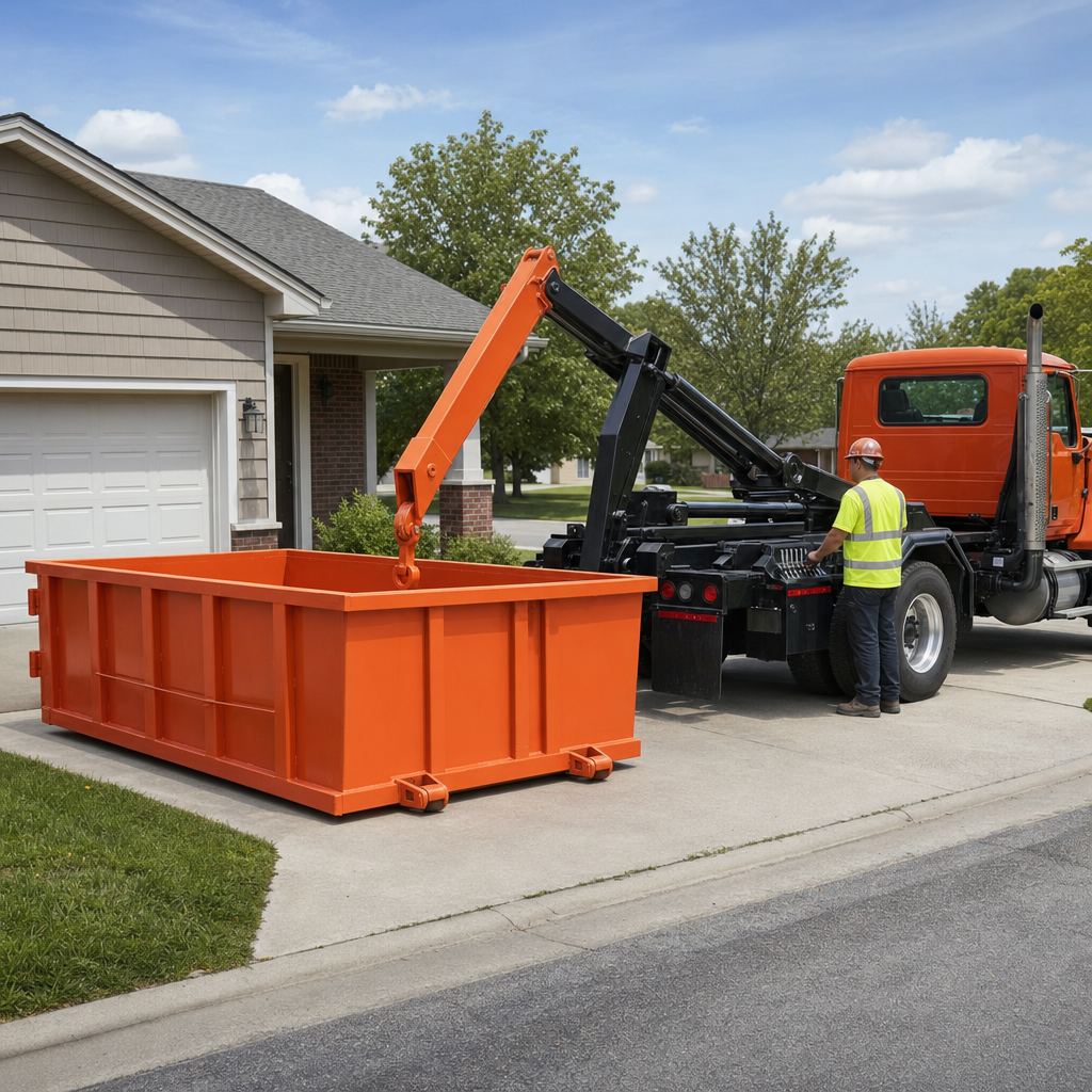 Hook-lift truck lowering an orange roll-off container onto a residential driveway, driver operating the controls